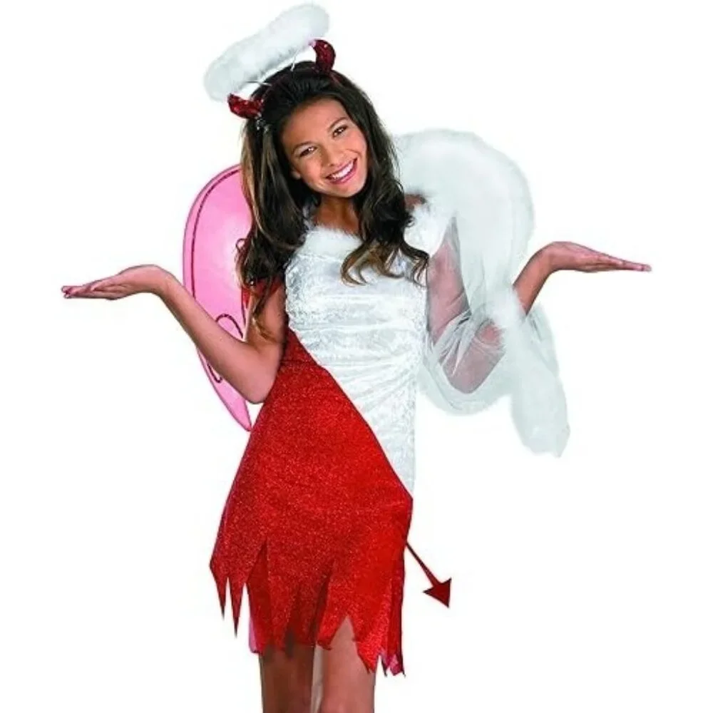 Heavenly Devil Costume Naughty Nice Angel Dress Wings Halo Tail Halloween Girls